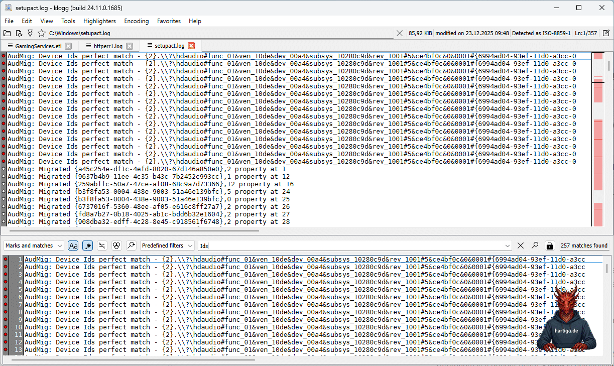 Tail for log files using Klogg
