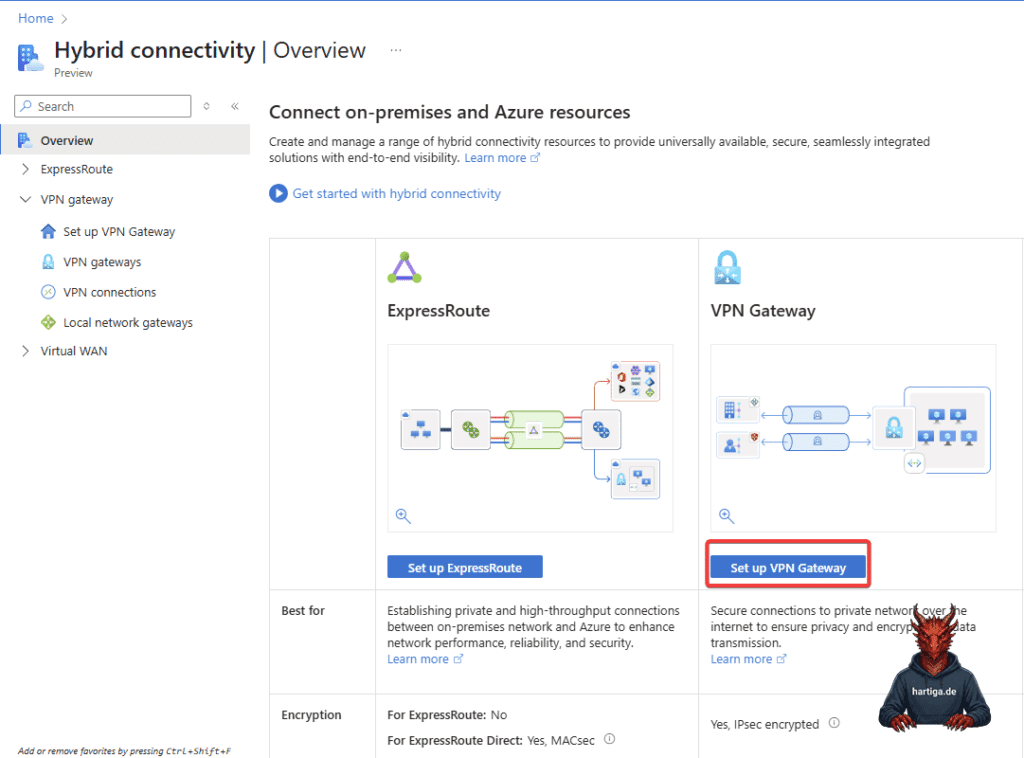 Select Hybrid Connectivity and than Set up VPN Gateway