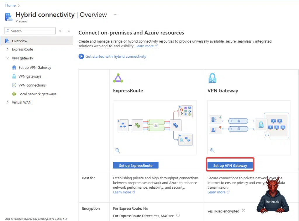 Select Hybrid Connectivity and than Set up VPN Gateway