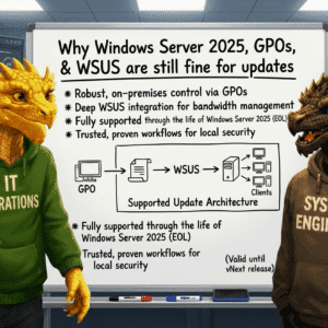 IT operations dragon and the IT System Engineer dragon looking at a whiteboard showing Why Windows Server 2025 and WSUS are fine