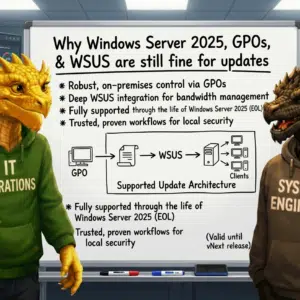 IT operations dragon and the IT System Engineer dragon looking at a whiteboard showing Why Windows Server 2025 and WSUS are fine