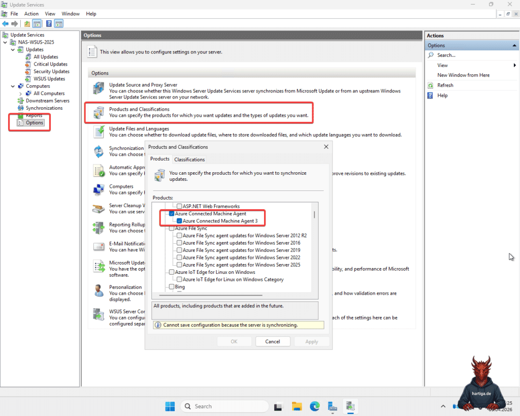 WSUS Console with Azure Arc Option enabled for WSUS on Windows Server 2025