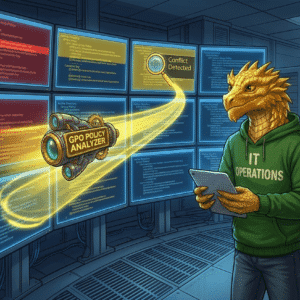 the IT Operations dragon looking at multiple screens with Group Policies on them and the GPO Policy Analyzer checking them all