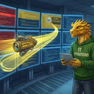 the IT Operations dragon looking at multiple screens with Group Policies on them and the GPO Policy Analyzer checking them all