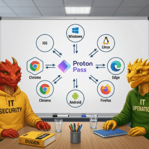 Two IT dragons discussing about Proton Pass and all its connections to manage passwords
