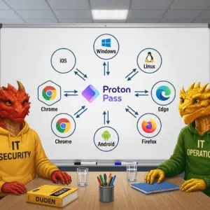 Two IT dragons discussing about Proton Pass and all its connections to manage passwords