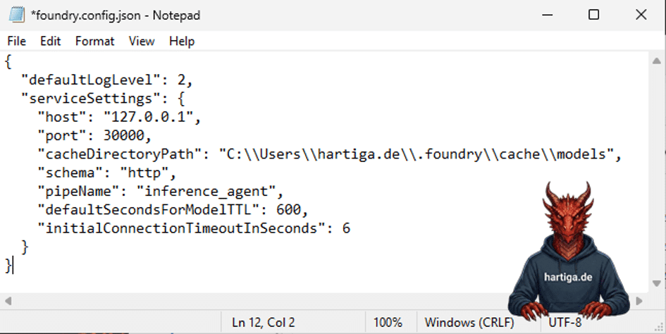 Example json file with a static port for Azure Foundry on Windows Server 2025 and restart the service, Foundry Local config.json, static port setup, Open WebUI connection, MCP server configuration, Windows Server 2025 AI