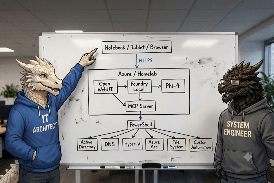 Architecture for Building a Dedicated Foundry Local Jump Server on Windows Server 2025, Windows Server 2025 architecture, Foundry Local diagram, MCP automation, Open WebUI setup, jump‑server model